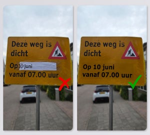 Tijdelijk verwijderbaar PeelPro label op verkeersbord voor wegafsluiting en werkzaamheden